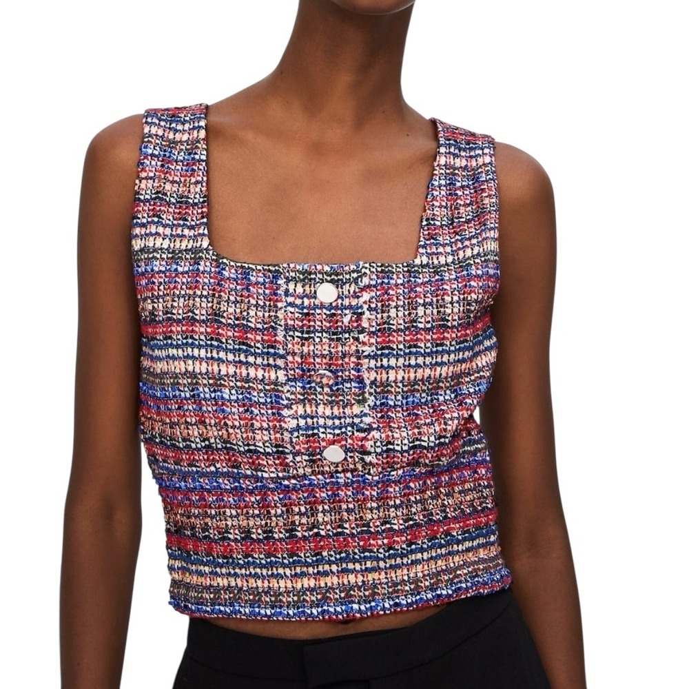 ZARA Tweed Square‎ Neck Metallic Crop Top Colorful Sleeveless Women Size Medium
